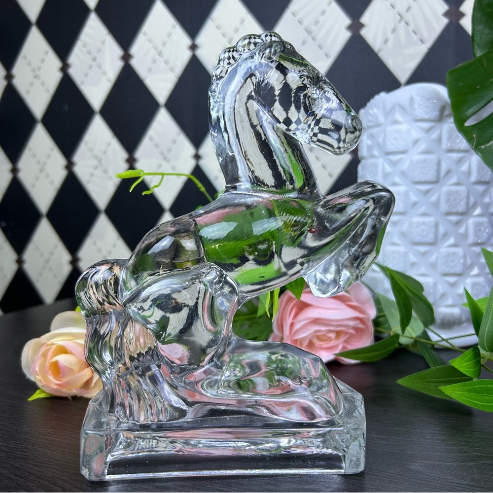 Rearing Horse Pressed Glass LE Smith Bookend Clear Art Deco Equestrian Figure